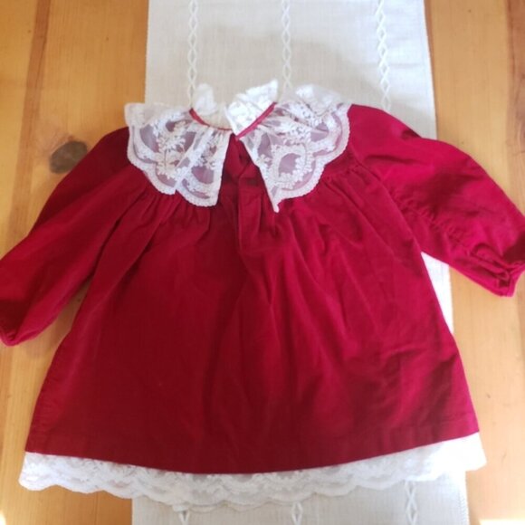 Vintage 80s 90s Baby Girl Red Velvet Lace Dress Cottagecore Holiday Christmas - Picture 2 of 9